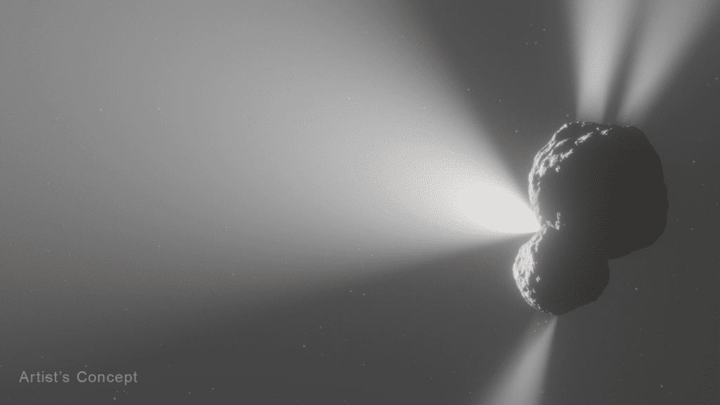 Artist's conception of comet 29P in space, showing several jets of gas and dust coming off the nucleus.