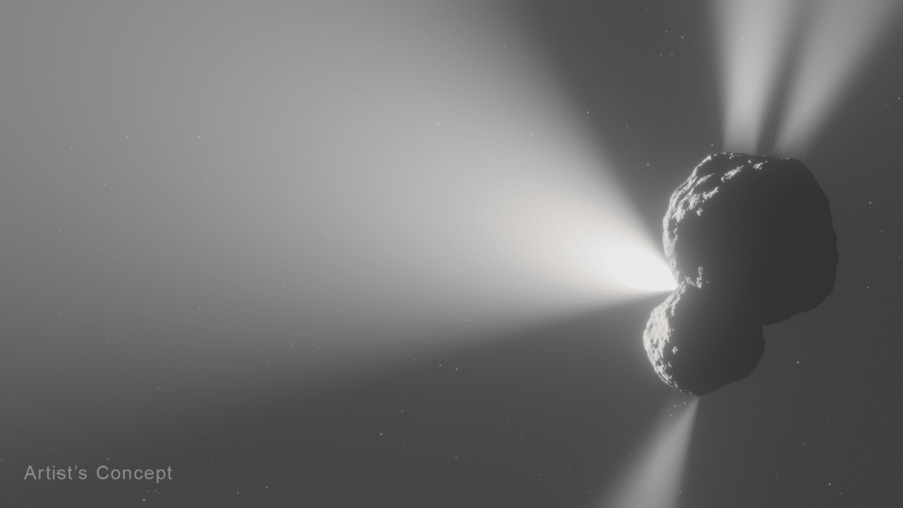 Artist's concept of comet 29P in space, showing gas and dust jets coming off the nucleus.