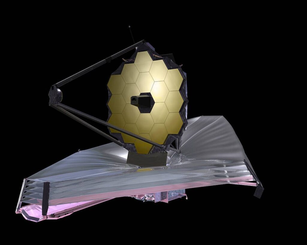 Graphic of an open-tube telescope with a gold, hexagonally-segmented mirror and a metallic sun shield.