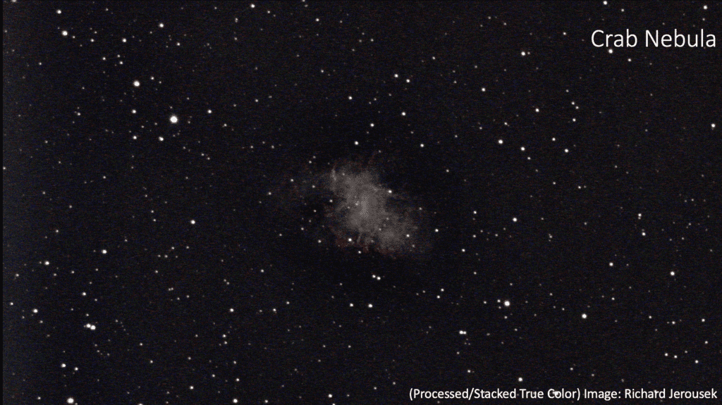 Starry sky with the Crab Nebula at the center, surrounded by numerous stars.