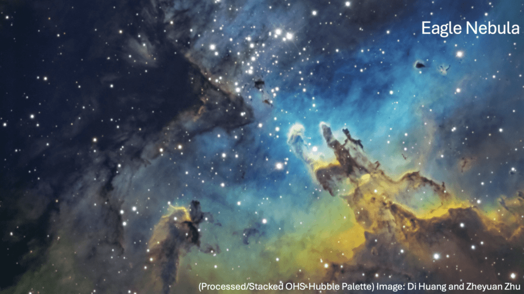 Colorful Eagle Nebula image with bright stars and cosmic dust. Blue, yellow, and black hues create a dynamic celestial scene.