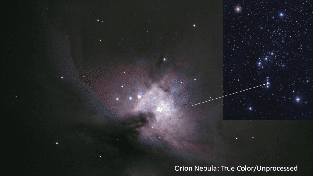 Image of the Orion Nebula in true color, with an inset showing its location in a star field.