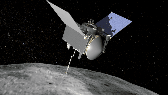 A spacecraft extends its robotic arm toward the rocky, cratered surface of an asteroid in space.