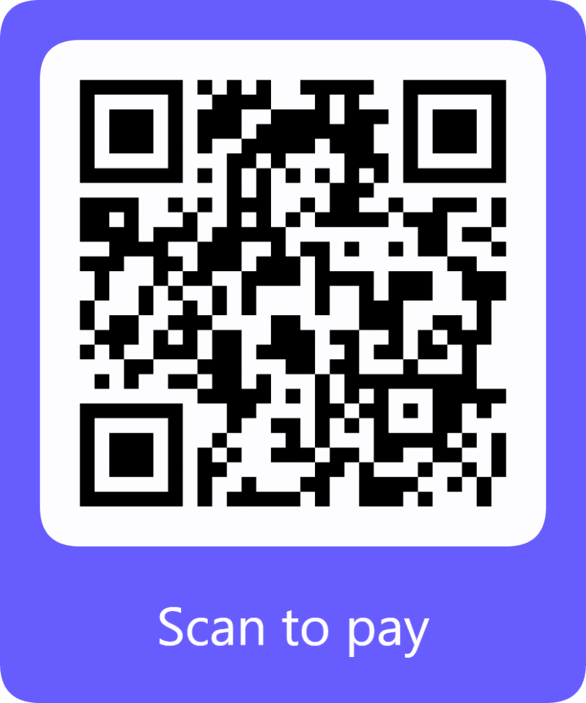 A black and white QR code on a purple background with the text “Scan to pay” below it.
